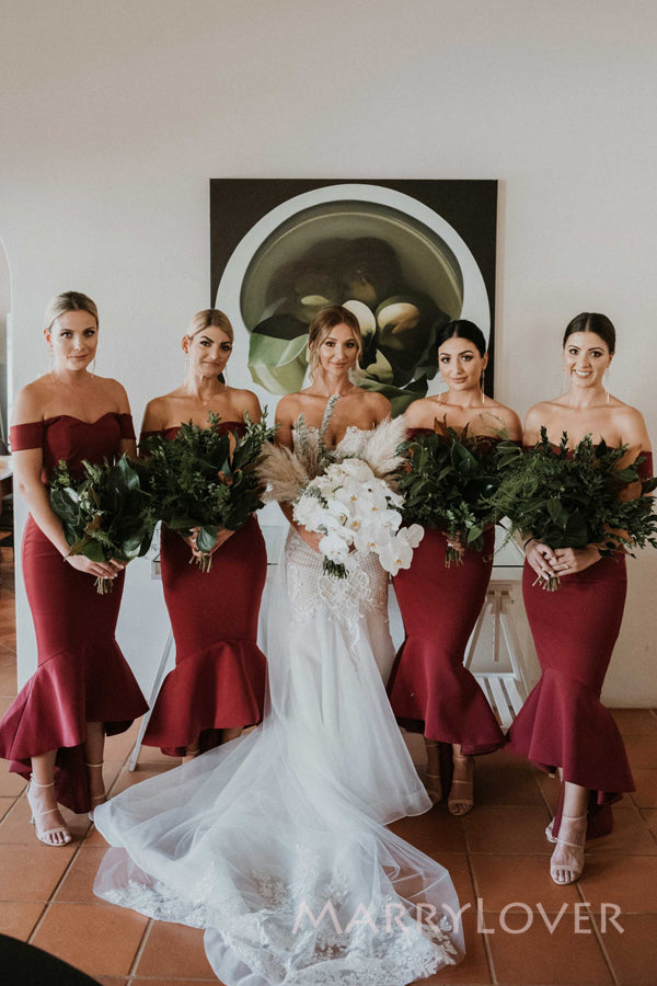 Off Shoulder Burgundy Mermaid Long Cheap Custom Satin Bridesmaid Dress – MarryLover
