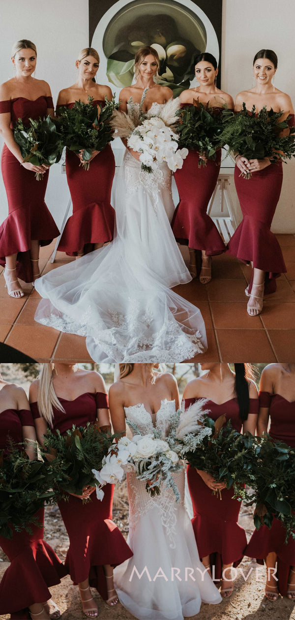 Off Shoulder Burgundy Mermaid Long Cheap Custom Satin Bridesmaid Dresses, MRB0338 Off Shoulder Burgundy Mermaid Long Cheap Custom Satin Bridesmaid Dresses, MRB0338