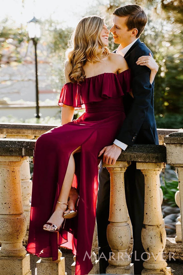 A-line Burgundy Chiffon Off Shoulder Long Cheap Custom Side Slit Bride MarryLover A-line Burgundy Chiffon Off Shoulder Long Cheap Custom Side Slit Bride MarryLover