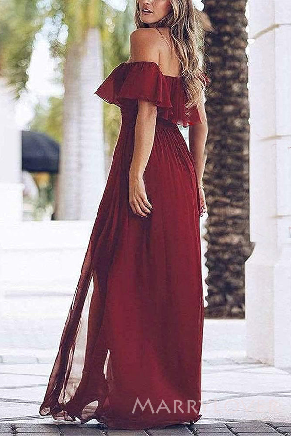 A-line Burgundy Chiffon Off Shoulder Long Cheap Custom Side Slit Bride MarryLover A-line Burgundy Chiffon Off Shoulder Long Cheap Custom Side Slit Bride MarryLover