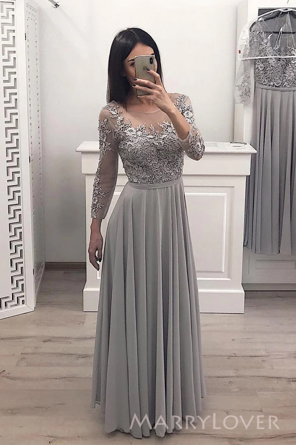A-line Grey Chiffon Long Sleeves Appliques Long Custom Bridesmaid Dresses, MRB0112 A-line Grey Chiffon Long Sleeves Appliques Long Custom Bridesmaid Dresses, MRB0112