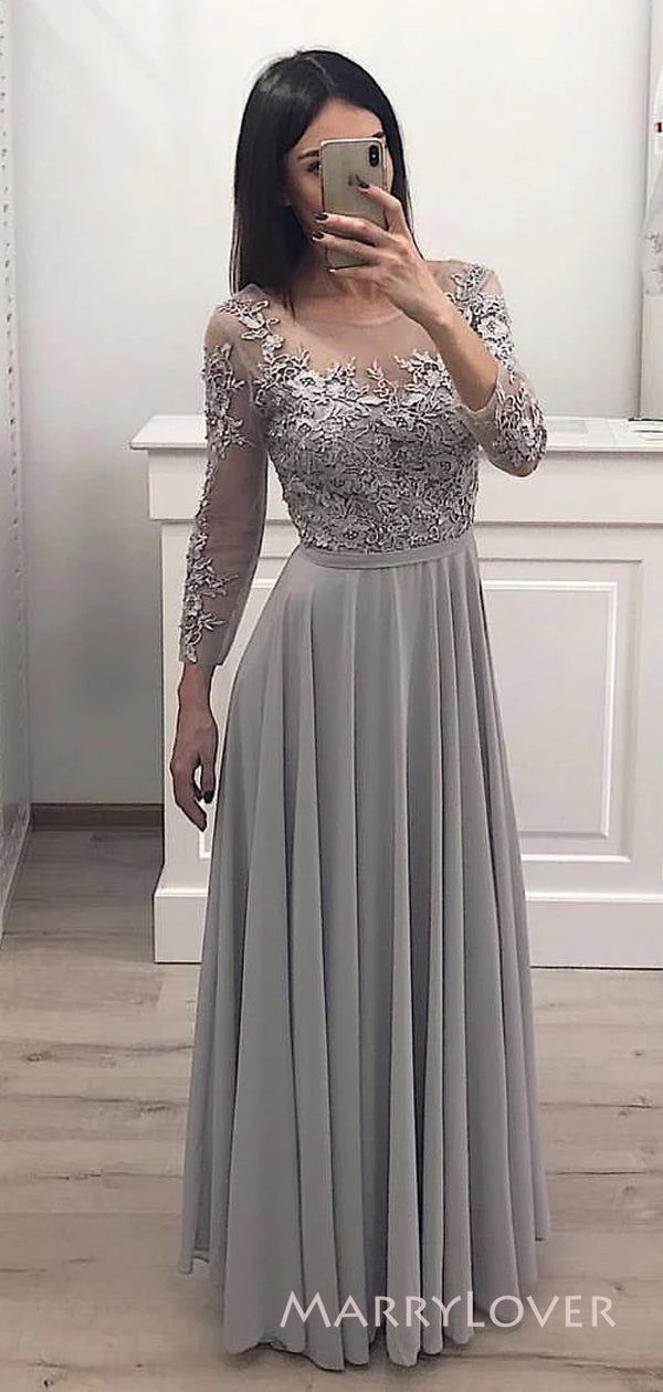 A-line Grey Chiffon Long Sleeves Appliques Long Custom Bridesmaid Dresses, MRB0112 A-line Grey Chiffon Long Sleeves Appliques Long Custom Bridesmaid Dresses, MRB0112