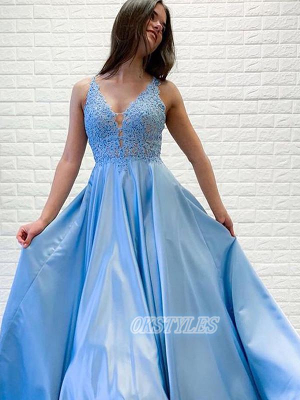 Beautiful A-Line Lace V-neck Sleeveless Floor-length Prom Dresses, OL003