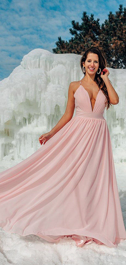 Simple Deep V Neck Pink Long Evening Prom Dresses, Sweet 16 Prom Dresses, PY008