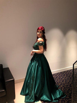 A-line Lace Off Shoulder Cheap Evening Prom Dresses, Long Prom Dresses, OL097