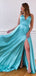 A-line V Neck Lace Up Back Side Slit Evening Party Dresses, Long Prom Dresses, OL093