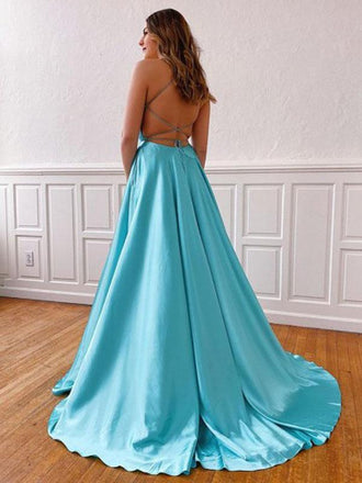 A-line V Neck Lace Up Back Side Slit Evening Party Dresses, Long Prom Dresses, OL093