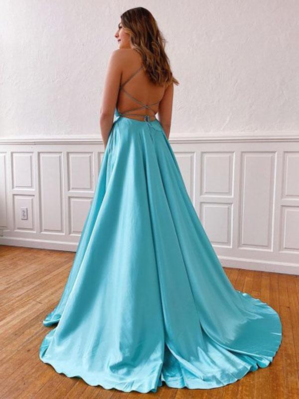 A-line V Neck Lace Up Back Side Slit Evening Party Dresses, Long Prom MarryLover A-line V Neck Lace Up Back Side Slit Evening Party Dresses, Long Prom MarryLover