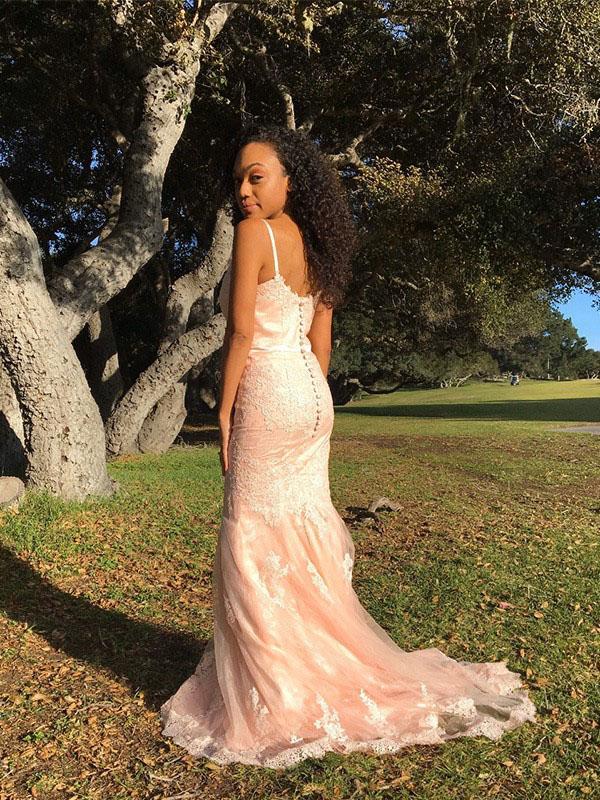 prom dresses mermaid pink Mermaid Pink Applique V Neck Evening Prom Dresses, Sweet 16 Prom Dress – MarryLover