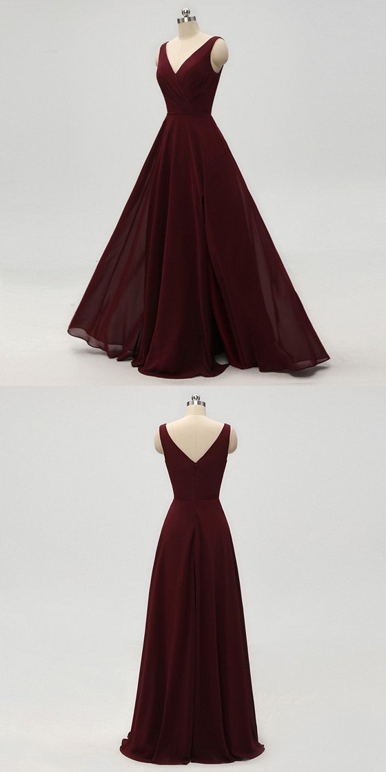 A-line V-neck Dark Red Chiffon Bridesmaid Dresses With Pleats, BD0557-1 A-line V-neck Dark Red Chiffon Bridesmaid Dresses With Pleats, BD0557-1