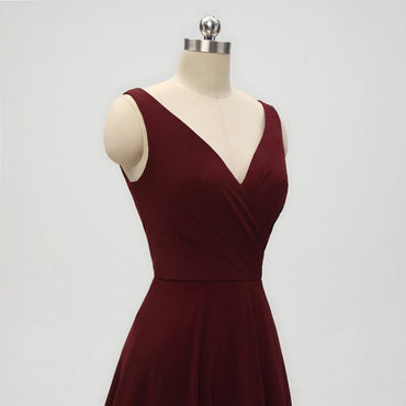 A-line V-neck Dark Red Chiffon Bridesmaid Dresses With Pleats, BD0557-1
