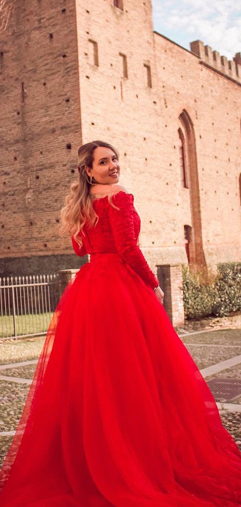 Red A-line Long Sleeves Evening Prom Dresses, Sweet 16 Prom Dresses, PY030