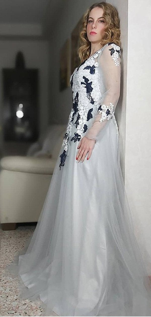 sweet 16 long sleeve dresses A-Line Prom Dresses Maxi Dress Sweet 16 Birthday Floor Length Long Sleeve Scoop Neck Tulle with Appliques fg4061