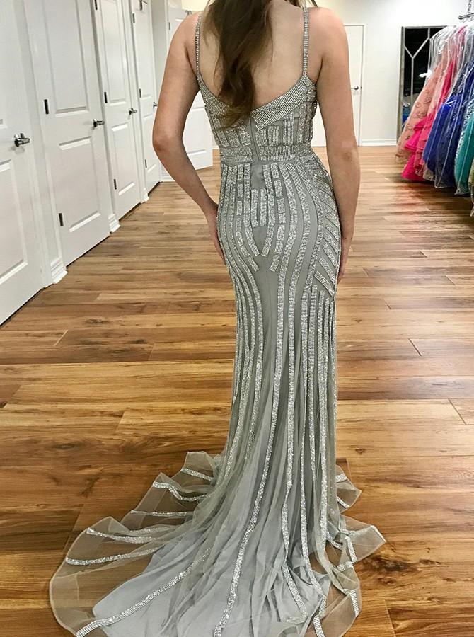 Mermaid Spaghetti Straps Silver Beading Long Prom Dresses, PD0546