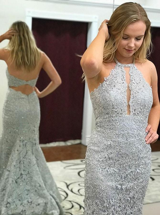 Mermaid Halter Grey Lace Backless Long Prom Dresses, PD0547