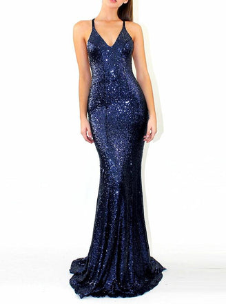 Mermaid Straps V-neck Backless Long Sequins Prom Dresses, PD0605