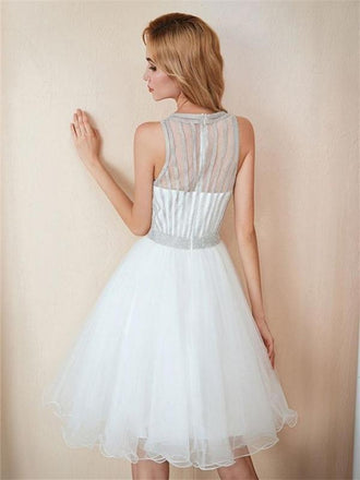 Halter Round Neck Sleeveless Short Beading Tulle Homecoming Dresses, HD0528