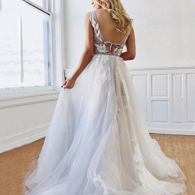 A-line Deep V-neck Appliques Backless Long Tulle Wedding dresses, WD0415