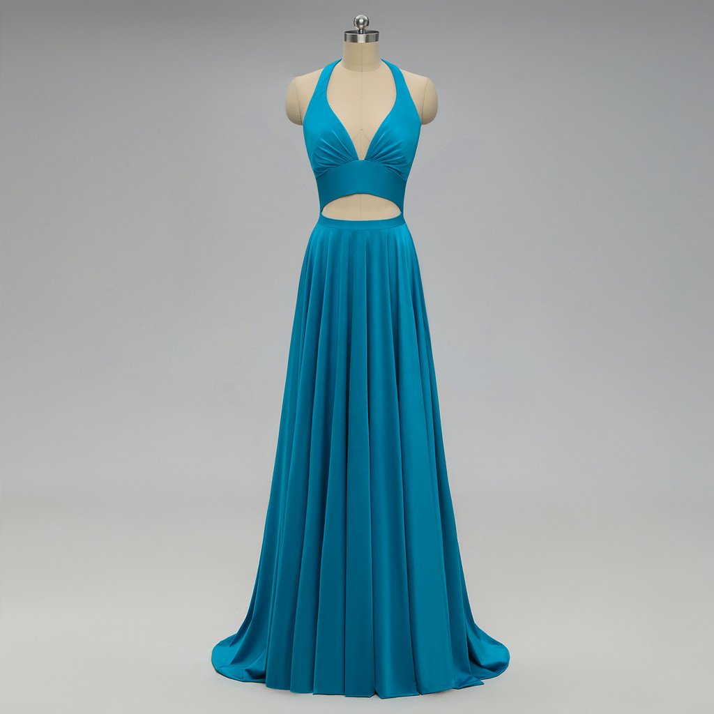 Halter V-neck Backless Long Blue Bridesmaid Dresses With Pleats, BD055 MarryLover Halter V-neck Backless Long Blue Bridesmaid Dresses With Pleats, BD055 MarryLover