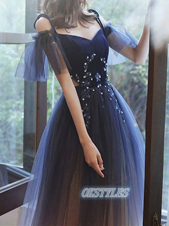 Beautiful A-line Spaghetti Straps Short Sleeves Floor Length Prom Dresses, OL058