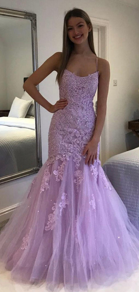 Lilac Tulle Beaded Spaghetti Straps Mermaid Long Evening Prom Dresses, Custom Prom Dress, MR8536