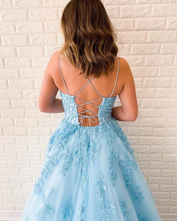 A-line Spaghetti Straps Lace-up Back Appliques Light Blue Tulle Prom Dresses, PD0644