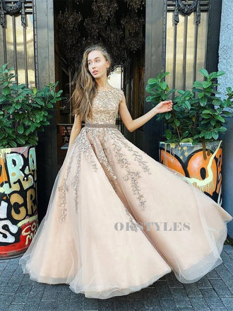 Lovely Beaded Prom Dresses, Tulle Prom Dresses, V-back Prom Dresses, Long Prom Dresses, PD0614
