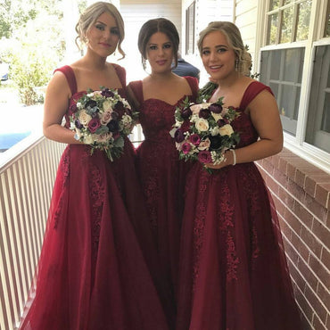 Burgundy Applique Sweetheart Tulle Cheap Long Bridesmaid Dresses, BG51473 - Bubble Gown