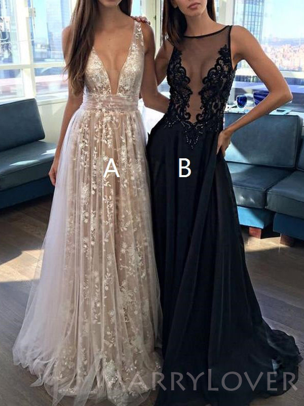 Charming Deep V Neck Sexy Applique Tulle Lace Long Prom Dresses, BG51532
