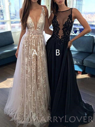 A-Line Deep V-Neck Tulle Lace Appliques Floor-Length Long Sexy Prom Dress, PD0121