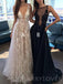 A-Line Deep V-Neck Tulle Lace Appliques Floor-Length Long Sexy Prom Dress, PD0121