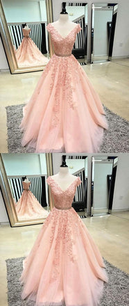 A-line V-neck Appliques Cap Sleeves Long Prom Dresses, PD0159
