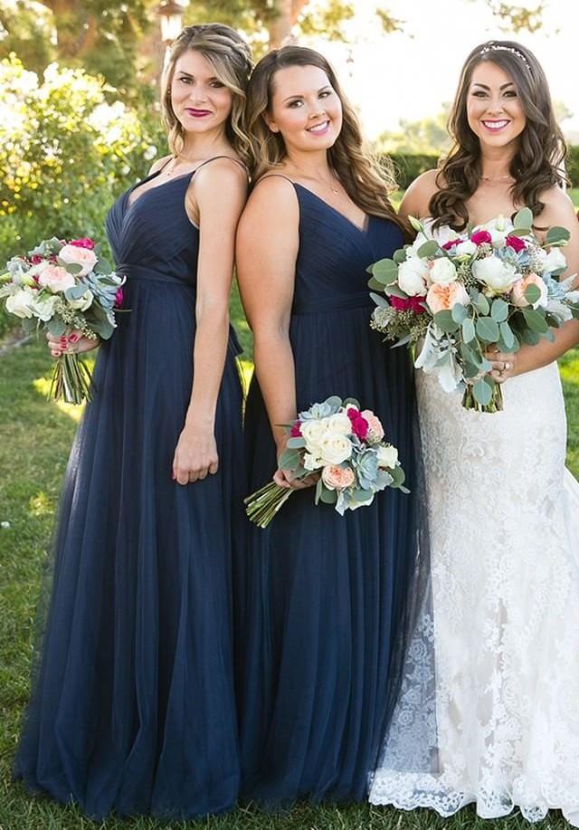 A-line Floor-length V-Neck Navy Blue Bridesmaid dresses With Pleats, B MarryLover A-line Floor-length V-Neck Navy Blue Bridesmaid dresses With Pleats, B MarryLover