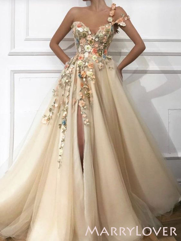 One Shoulder V Neck Champagne Tulle Appliques A-line Long Evening Prom MarryLover One Shoulder V Neck Champagne Tulle Appliques A-line Long Evening Prom MarryLover