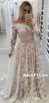 A-line Off-shoulder Long Sleeves Full Lace Long Prom Dresses, PD0607