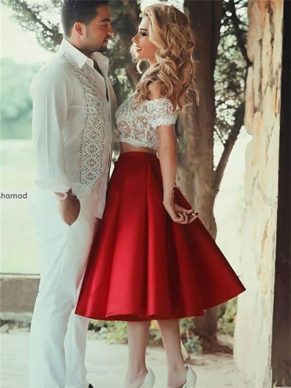 Two-pieces Off-shoulder Lace Top Red Satin Homecoming Dresses, HD0505