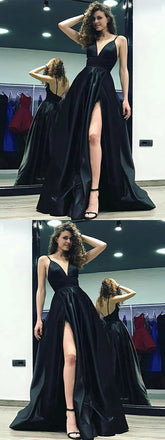 A-Line Spaghetti Straps Deep V-neck Backless High Slit Simple Long Prom Dresses, PD0118
