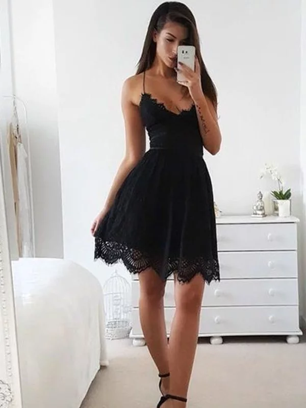 Spaghetti Straps Sleeveless Short Black Lace Simple Homecoming Dresses MarryLover