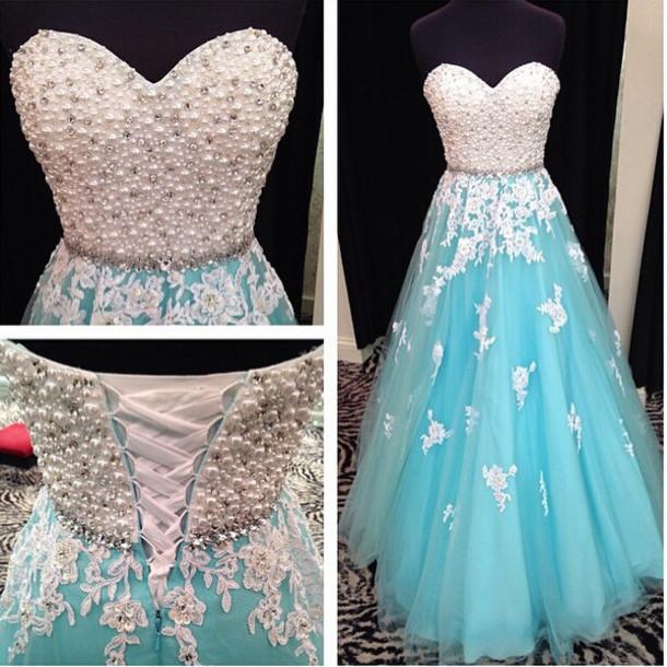 Beaded Sweet Heart Blue Lace Up Long Prom Dress Ball Gown, BG51012 - Bubble Gown