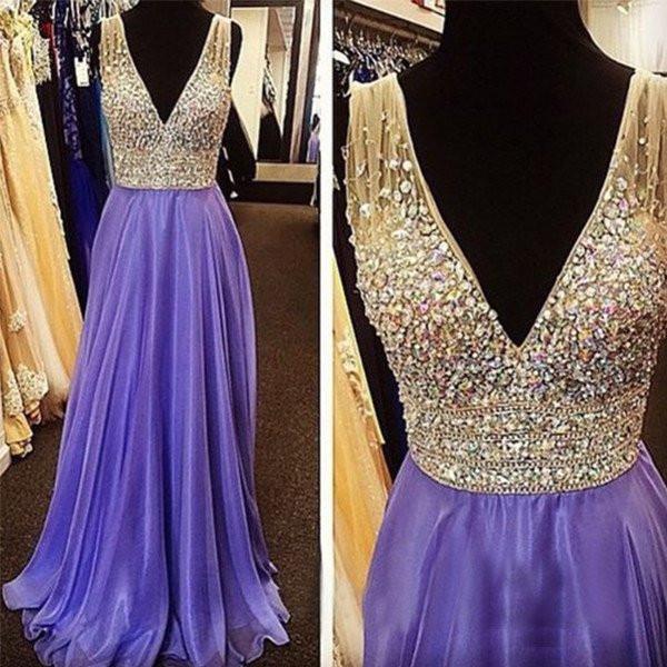 Charming Heavy Beaded Sparkle V Neck Cheap Long Prom Dresses, BG51109 - Bubble Gown