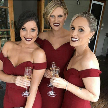 Mermaid Off Shoulder Burgundy Simple Cheap Bridesmaid Dresses With Train, BD0102
