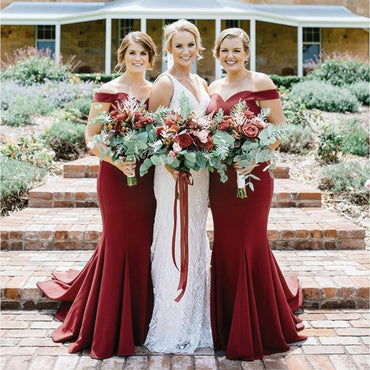Mermaid Off Shoulder Burgundy Simple Cheap Bridesmaid Dresses With Train, BD0102