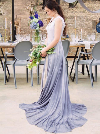 A-Line V-Neck Flower Appliques Bridesmaid Dress With Train, BD0547