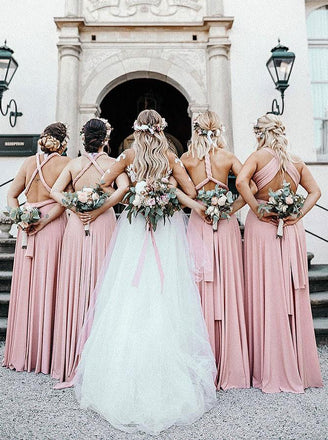 A-Line Floor-length V-neck Backless Pink Bridesmaid Dresses, BD0544