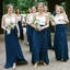 A-Line Spaghetti Straps Dark Blue Chiffon Bridesmaid Dresses With Ruffles, BD0101