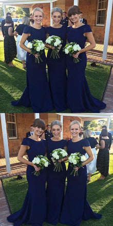 Mermaid Round Neck Cap Sleeves Simple Bridesmaid Dresses With Train, BD0108