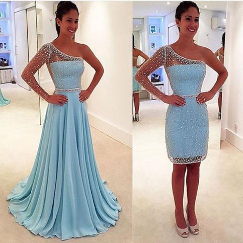 2 Pieces Blue See Through One Shoulder Long Sleeve Long Prom Dresses, BG51038 - Bubble Gown