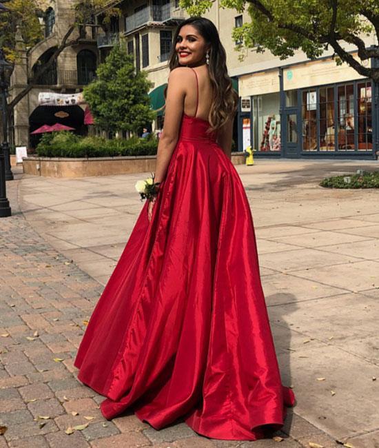 A-line V-neck Simple Red Evening Dresses, Long Prom Dresses, PD0160