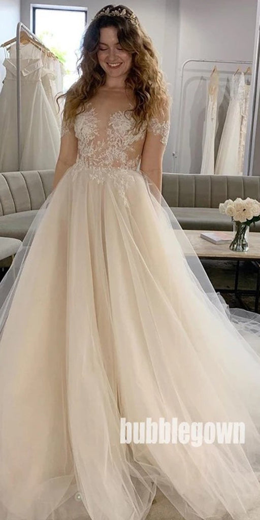 Elegant Off-shoulder See Through Tulle Dream Wedding Dresses, BGH043