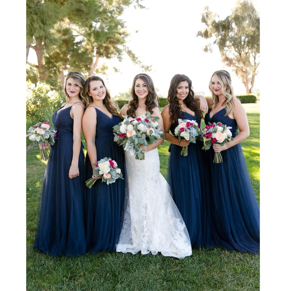 A-line Floor-length V-Neck Navy Blue Bridesmaid dresses With Pleats, B MarryLover A-line Floor-length V-Neck Navy Blue Bridesmaid dresses With Pleats, B MarryLover